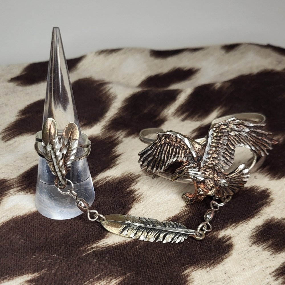 Silver and Bronze Eagle Ring Bracelet